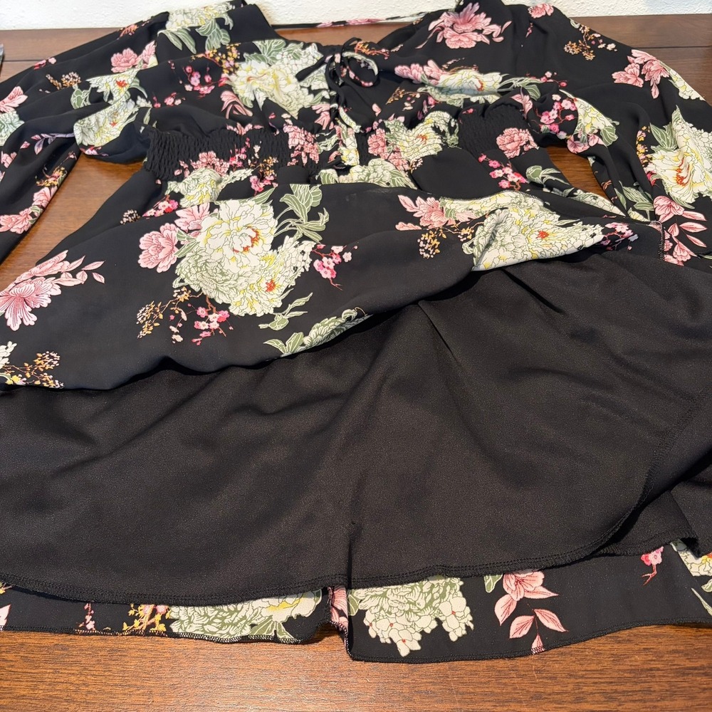 Lace Up V-Neck Mini Dress Size 3X Black Floral‎ Whimsigoth Dark Romantic Boho - Picture 14 of 16